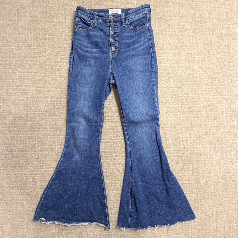 We The Free Free People Just Float On Flare Jeans Blue Button Fly 28 Bell Bottom
